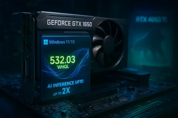 GeForce GTX 1650 GPU with a Windows 11/10 display showing 532.03 WHQL AI inference up to 2x.