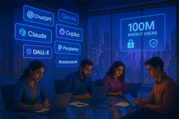 Neon-lit conference room with AI logos on the wall as colleagues work on laptops.