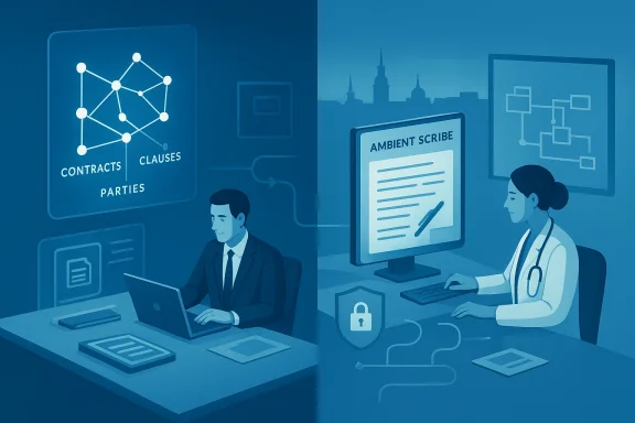 Legal and medical professionals work on digital contracts and patient records.