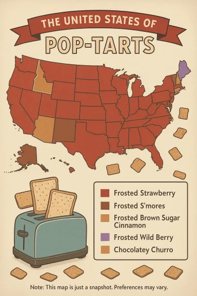 Retro map of the U.S. showing Pop-Tart flavor preferences by state, beside a toaster.