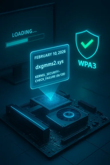 Glowing holographic display shows a kernel security check failure beside a WPA3 shield.