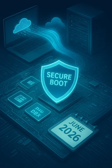 Blue-toned cyber scene with a glowing Secure Boot shield over a circuit board.