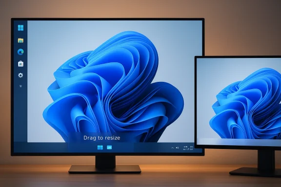 Two monitors on a desk display a blue abstract wallpaper with Windows UI on the left screen.