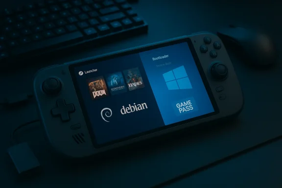 A handheld gaming device shows a Debian launcher next to a Windows Game Pass tile on its screen.