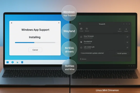 Split-screen Linux Mint Cinnamon: Windows App Support installer on the left, with Wayland and NVIDIA drivers on the right.