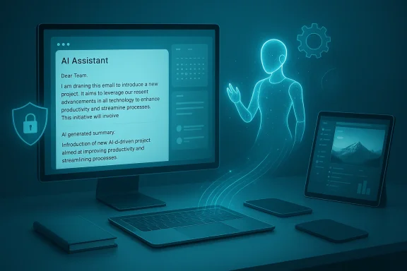 A glowing AI assistant hologram hovers beside a high-tech desk with monitors and tablets.