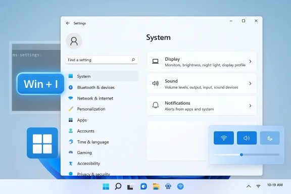 Windows 11 Settings app open to the System pane on a blue desktop with a Win+I badge.