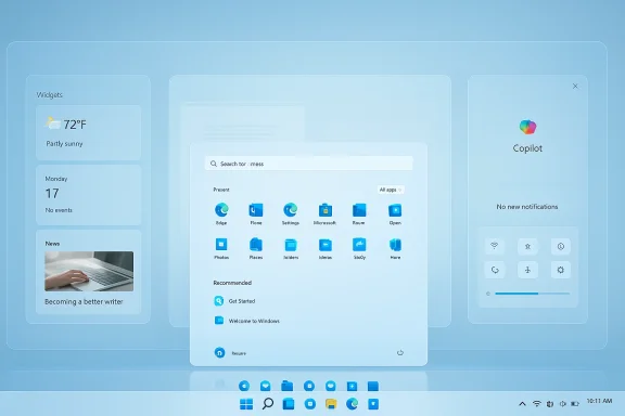 Blue, translucent Windows-like desktop with widgets, app grid, and Copilot panel.