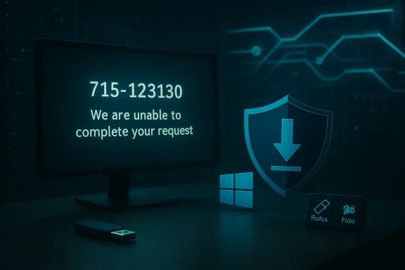 A monitor displays 'We are unable to complete your request' beside a glowing shield icon. A monitor displays 'We are unable to complete your request' beside a glowing shield icon.
