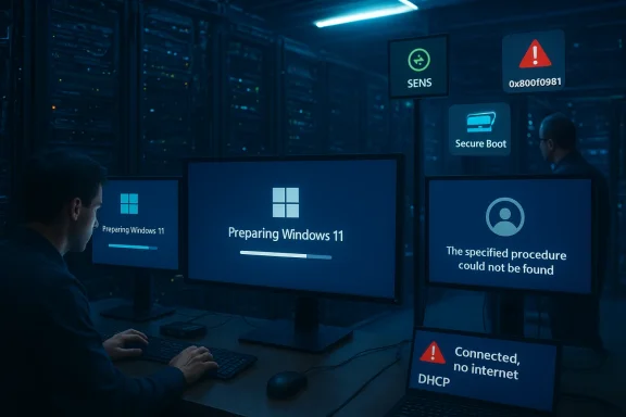 Technicians monitor Windows 11 installation across multiple screens in a dim data center. Technicians monitor Windows 11 installation across multiple screens in a dim data center.