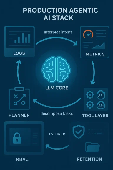 Diagram of a Production Agentic AI Stack with an LLM core and modules like logs, metrics, tool layer, planner, and RBAC.