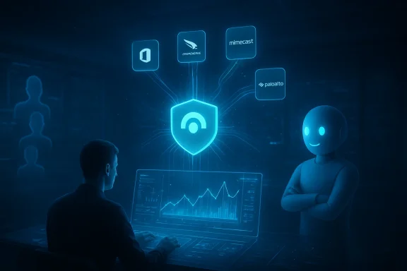 A man monitors a holographic security dashboard with cloud-app connections, beside a friendly robot.