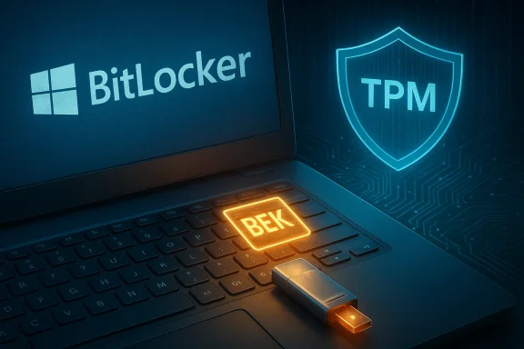 Laptop displaying BitLocker encryption with a TPM shield and BEK key.