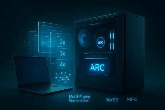 Blue-toned PC tower and laptop showcasing ARC branding and XeSS multi-frame generation.