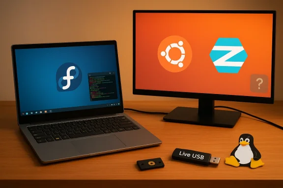 A multi-OS workstation with Fedora on the laptop and Ubuntu with Zorin on the external monitor.