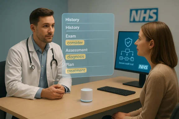 A doctor consults a patient, presenting a holographic care plan on a screen.