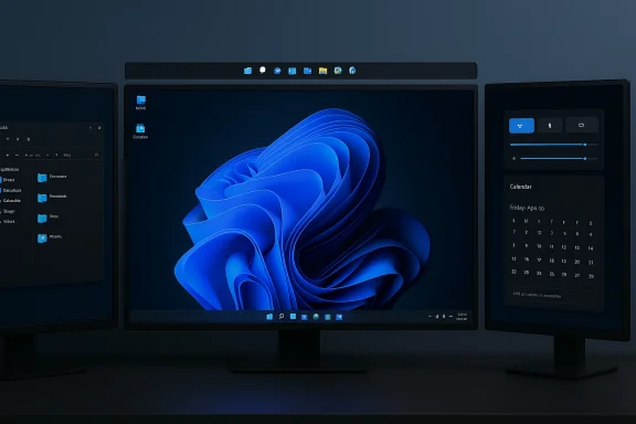 Triple-monitor desktop setup in a dark room, center display showing a blue abstract wallpaper.