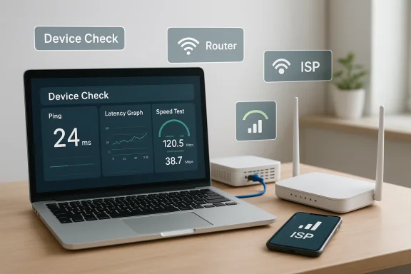 Laptop shows a Device Check dashboard; router and ISP icons float above a modem and phone.