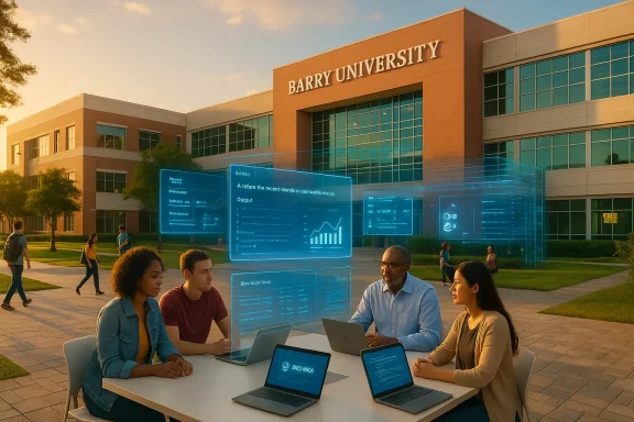 Students at Barry University study on laptops with holographic data screens outside the building at sunset.