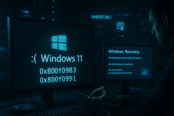 Tech worker troubleshoots Windows 11 crash in a dark server-room setup.