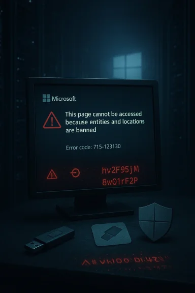 Dim server room; monitor shows a Microsoft error: page cannot be accessed because entities and locations are banned. Dim server room; monitor shows a Microsoft error: page cannot be accessed because entities and locations are banned.