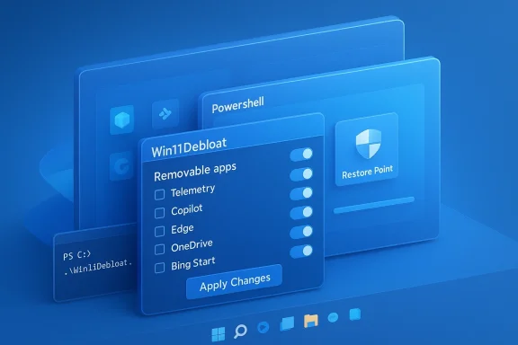 Blue 3D Windows-like UI for Win11 Debloat with toggle options and Apply Changes.