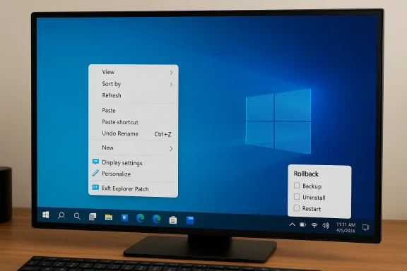 Windows desktop with a right-click menu and a Rollback window on a blue wallpaper.