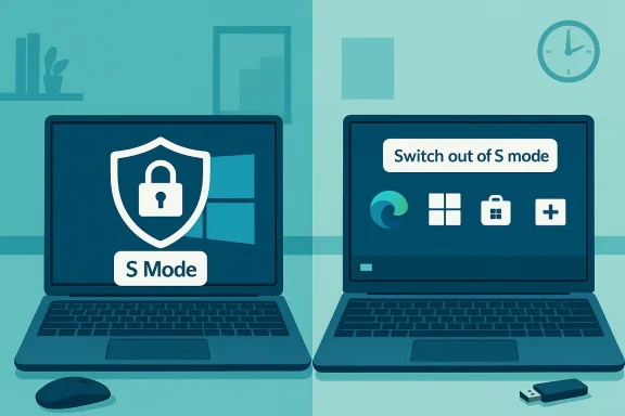 Two laptops: left shows Windows S Mode with a shield; right prompts to switch out of S Mode.