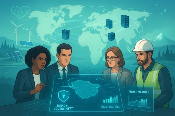 Diverse team analyzes global energy coverage and trust metrics on a holographic map.