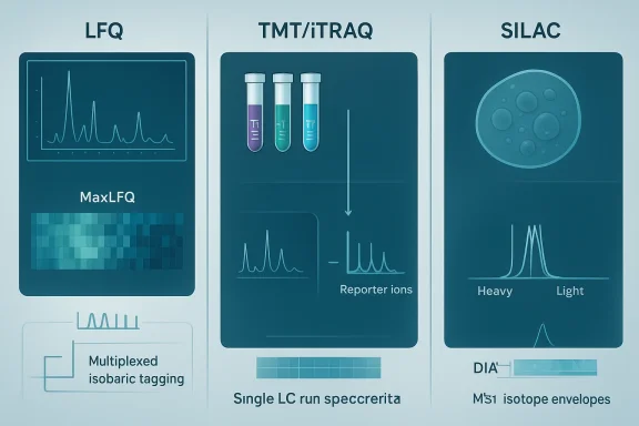 Three-panel infographic contrasting LFQ, TMT/iTRAQ, and SILAC labeling in proteomics.
