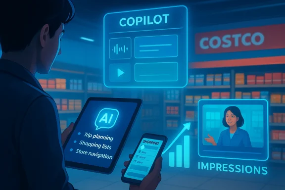 A shopper uses AI holographic copilots for trip planning, shopping lists, and store navigation near Costco.