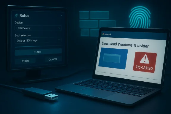 USB boot media setup with Rufus open and Windows 11 Insider download on the laptop.