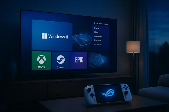 Dim living room with Windows 11 tiles on the TV and a handheld game console on the coffee table.