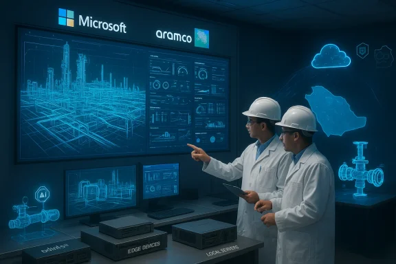 Two engineers in hard hats monitor blue holographic dashboards in a Microsoft-Aramco control room.