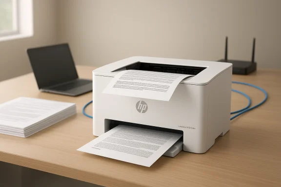 An HP printer on a wooden desk prints a document, with a laptop nearby.