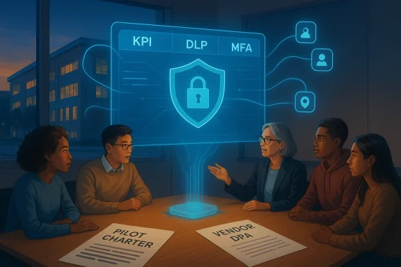 A diverse group discusses cybersecurity, with Pilot Charter and Vendor DPA documents on the table.