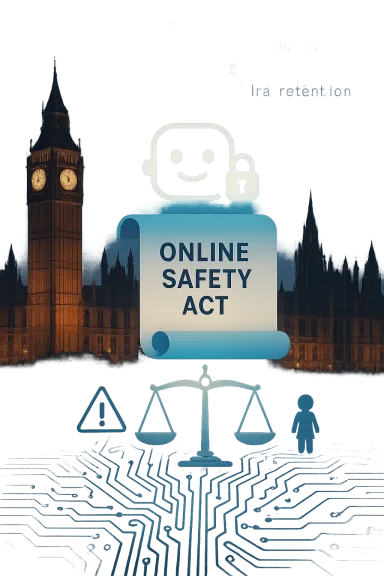 Glowing 'Online Safety Act' sign with a chatbot icon, Big Ben, and circuit-pattern backdrop.