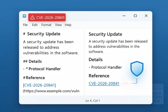 Two-column security update note for CVE-2026-20841 with details and a reference link. Two-column security update note for CVE-2026-20841 with details and a reference link.