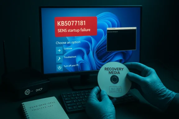 Tech holds a recovery DVD in front of a PC displaying Windows startup failure KB5077181.