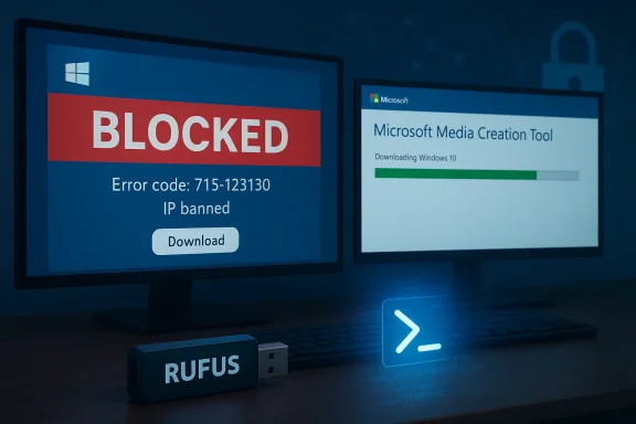 Two screens show a BLOCKED error and Windows 10 install progress, with a Rufus USB drive and glowing terminal icon. Two screens show a BLOCKED error and Windows 10 install progress, with a Rufus USB drive and glowing terminal icon.