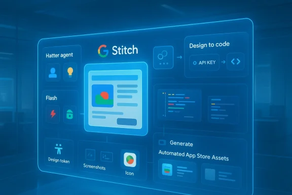 Blue holographic dashboard showing Google's Stitch design-to-code workflow.