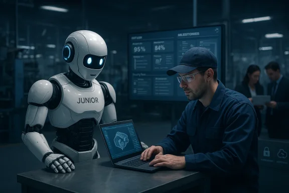 A humanoid robot labeled JUNIOR assists a technician at a laptop in a high-tech lab.