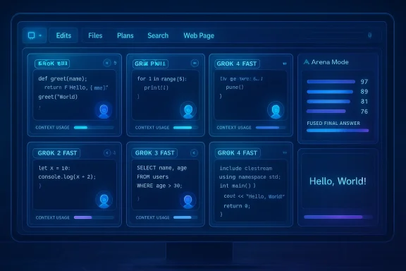A futuristic blue UI dashboard with multiple code panels and a large Hello, World! display.