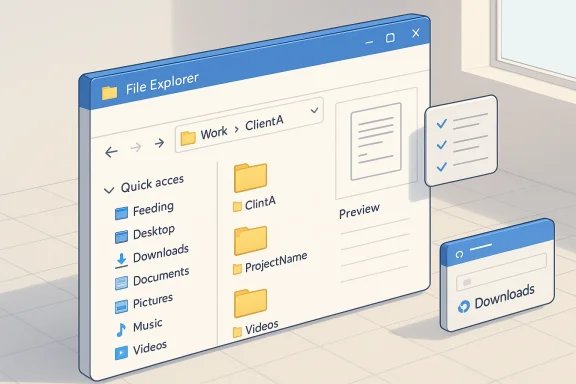 Isometric File Explorer window showing folders, quick access, and a preview pane.