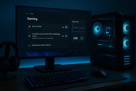 Dark gaming desk with a monitor showing settings, blue-lit PC, keyboard, mouse, and headset.
