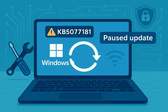 Windows laptop shows a paused update (KB5077181) with a warning icon and tools.