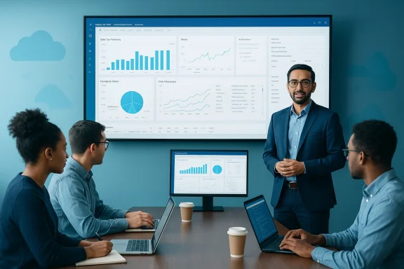 A business team presents data analytics on a large screen to colleagues.