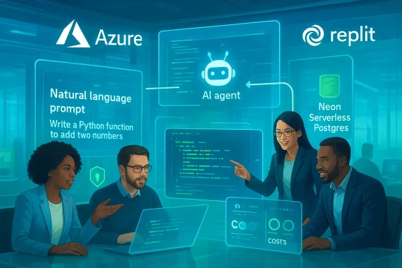 Diverse team discusses AI-powered Azure and Replit workflows on holographic dashboards.