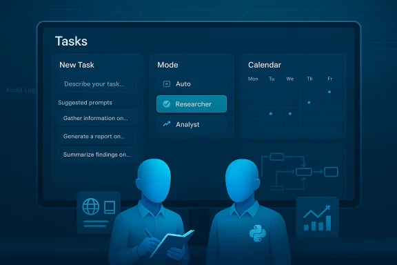 Blue, futuristic UI dashboard shows Tasks, Mode options, and a calendar with two blue humanoid figures.