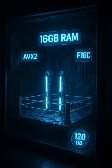 Neon-blue RAM display showing 16GB RAM with AVX2 and F16C labels.